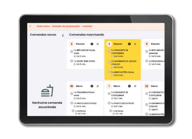 Interface oficial do Gula Menu mostrando comandas por estação de preparação