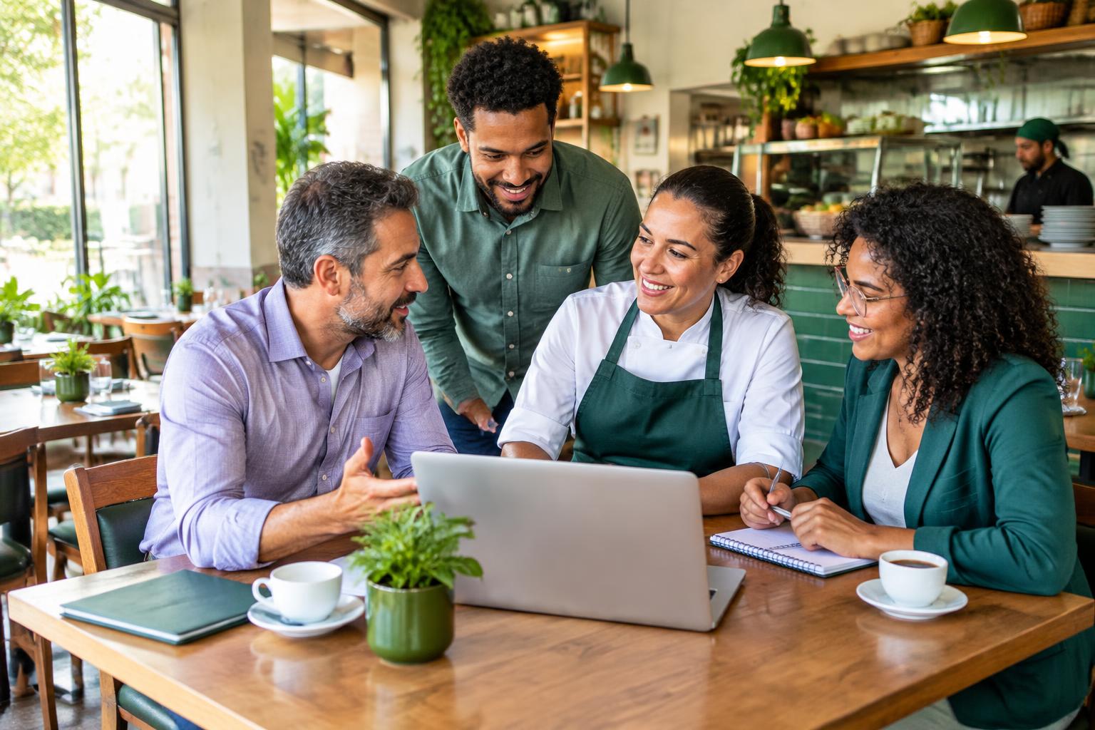 Profissionais de áreas complementares conversando com uma gestora de restaurante